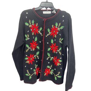 Victoria Jones Women’s Christmas Sweater M Black Embroidered Floral Cardigan